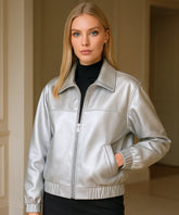 Comprar jaqueta de couro feminina bomber cinza oversized eco premium barata em promoção frete grátis